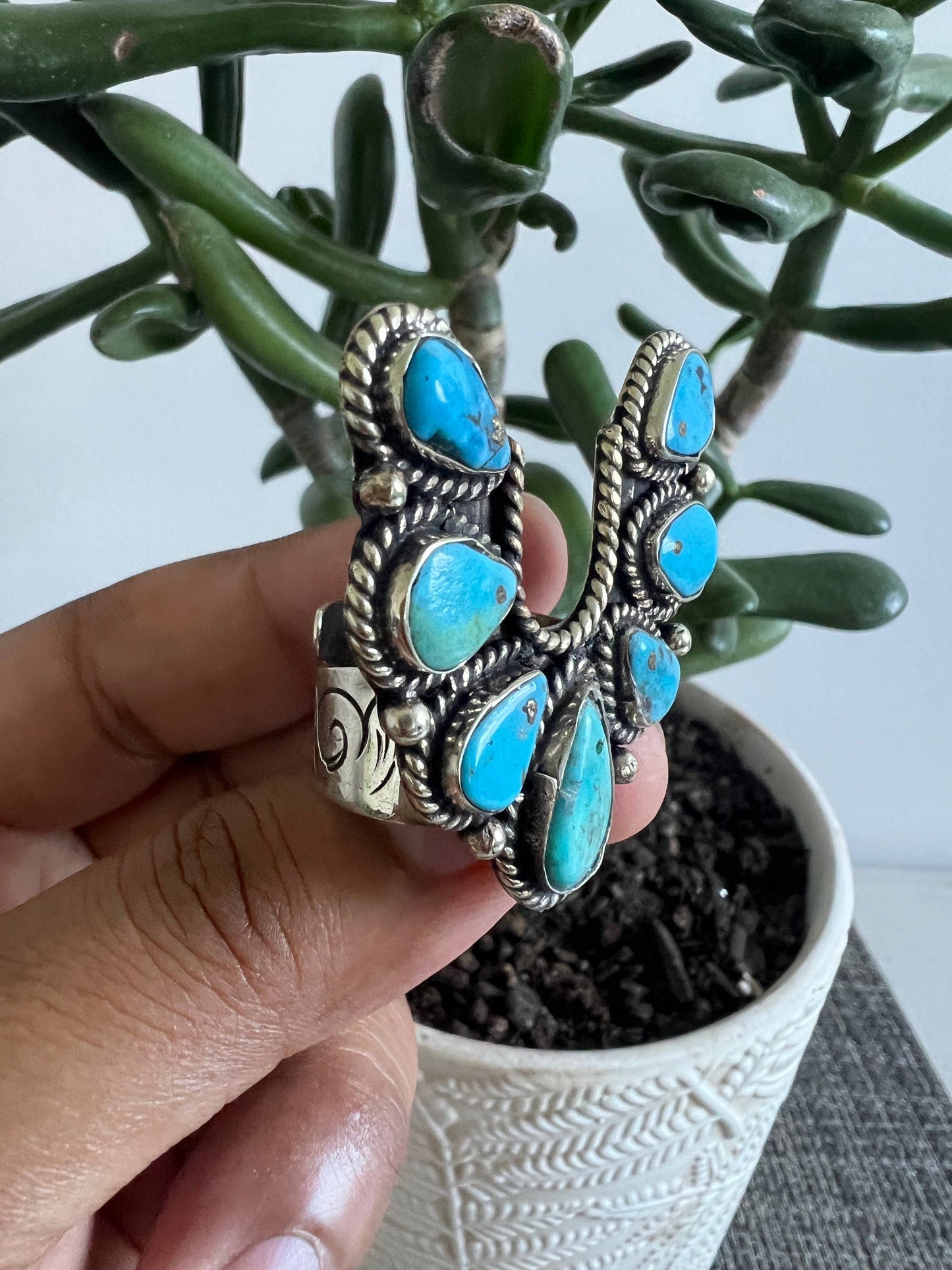 Natural Turquoise adjustable ring, Tibetan silver