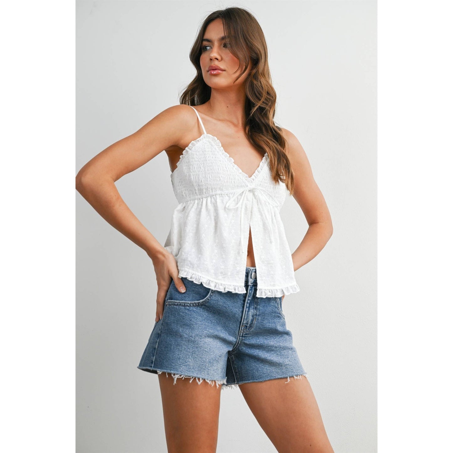 Eyelet Smocked Tie-Front Cami - BMT8406