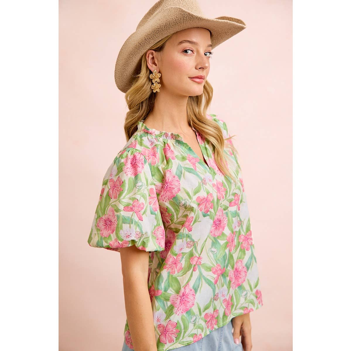 FLOWER PRINTED WOVEN RUFFLED V NECK TOP