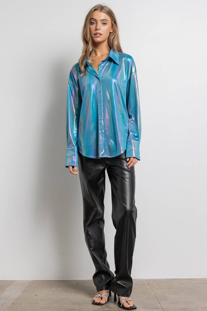 Rainbow Button Up Long Sleeve Blouse Shirt