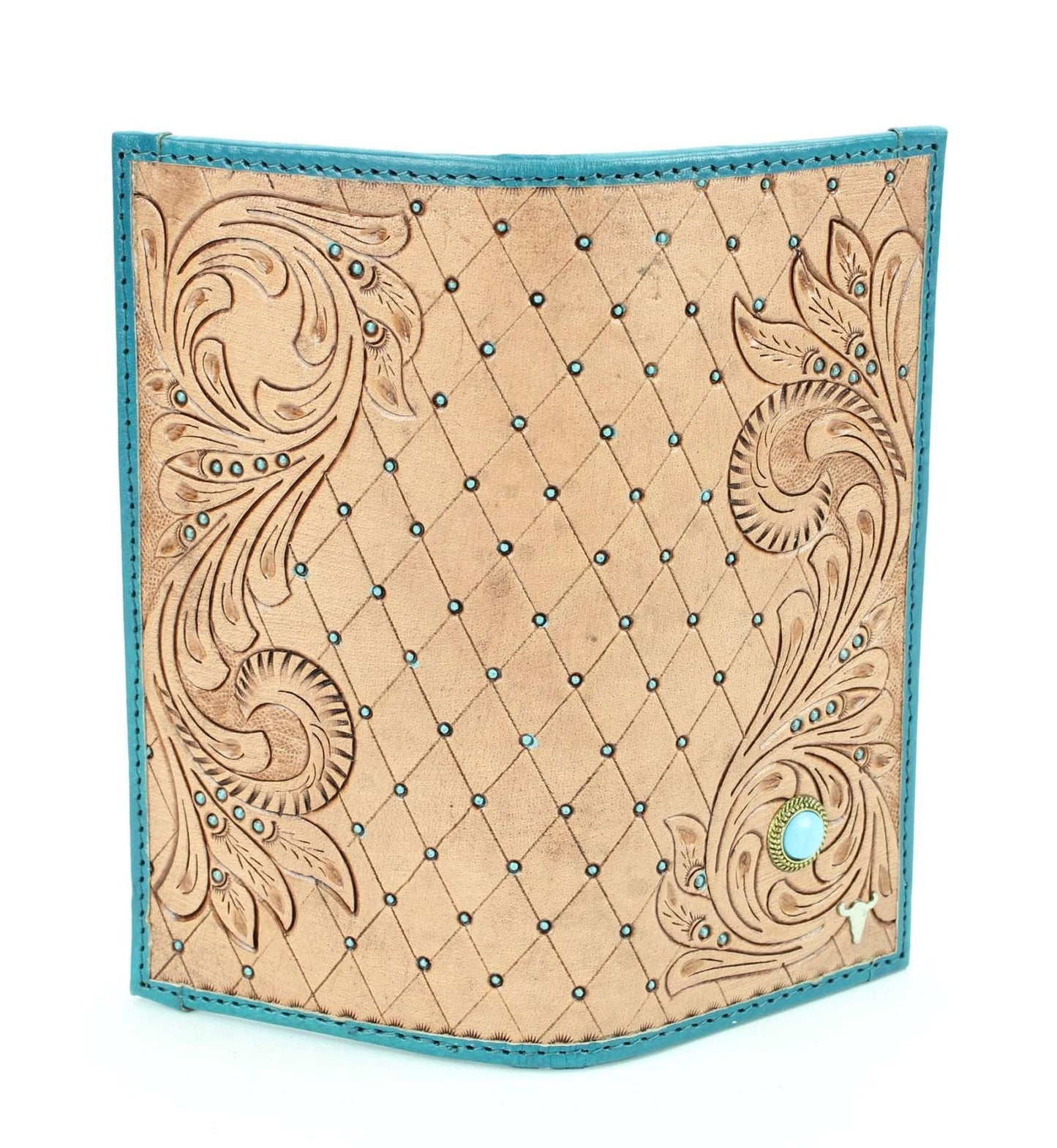Tan tooled leather wallet with turquoise stone #AB W 07 TAN