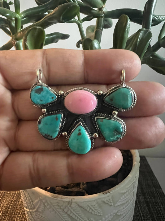 Natural Turquoise with pink conch shell pendant