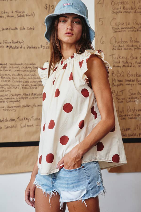 Ruffled Neck & Shoulder Polka Dot Blouse Top