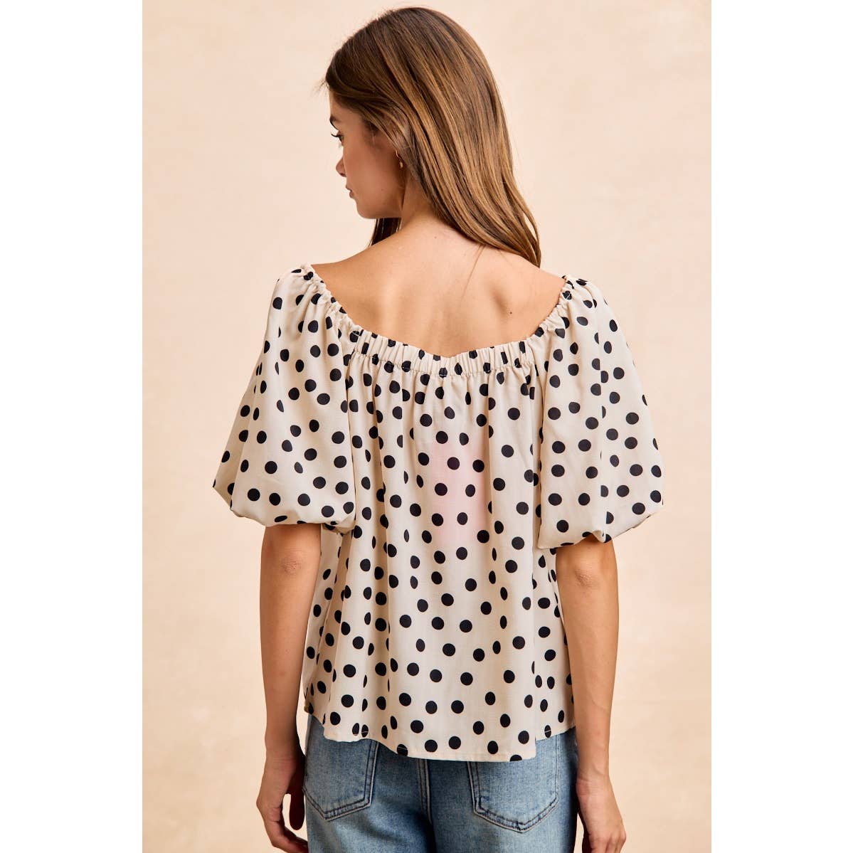 POLKA DOT BOW ELASTIC OPENING PUFF SLEEVES TOP