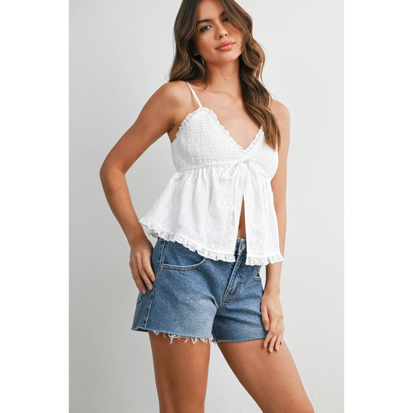 Eyelet Smocked Tie-Front Cami - BMT8406