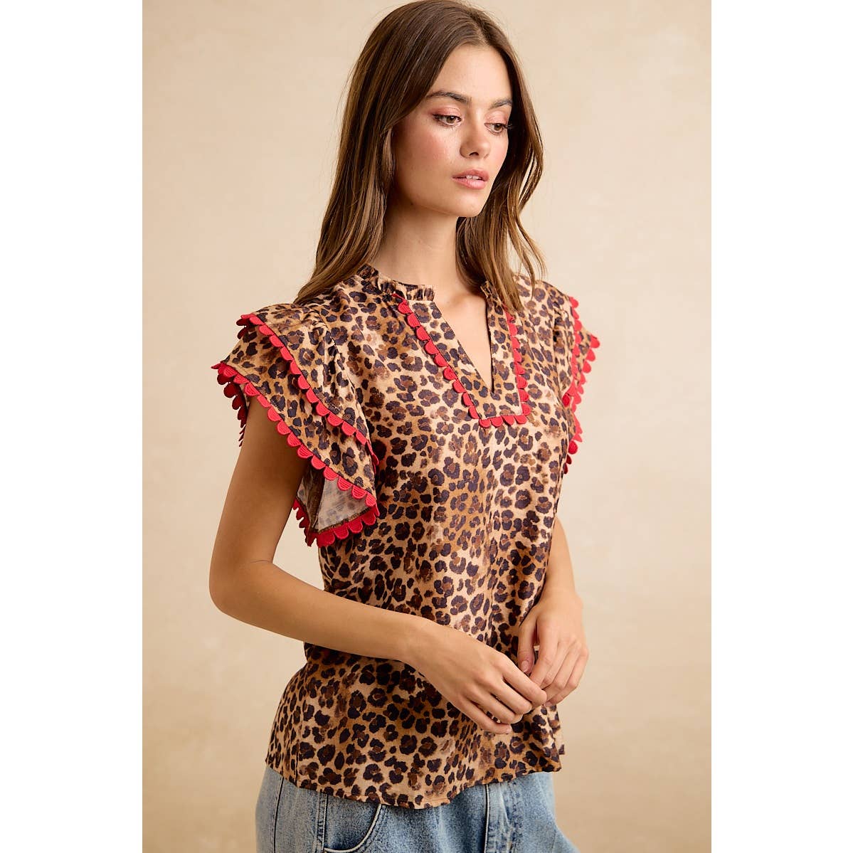 LEOPARD PRINTED WOVEN RIC RAC TRIM V NECK TOP