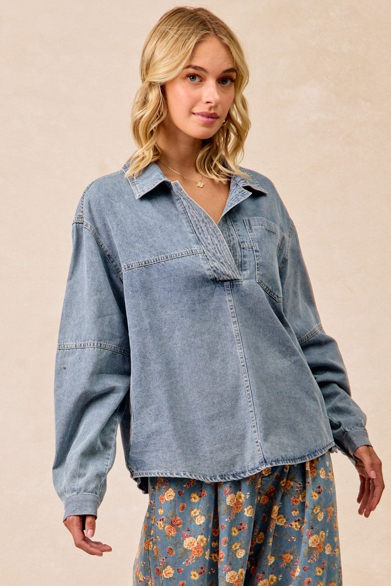 Washed Denim V Neck Collared Top With Side Pocket