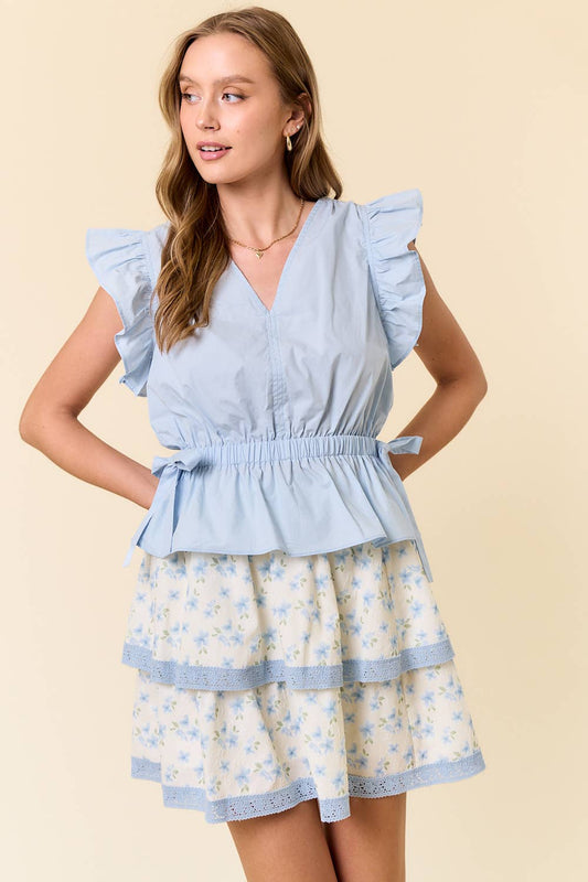 Cotton Poplin Flutter Sleeve Drawstring Waist Tie - 44924T