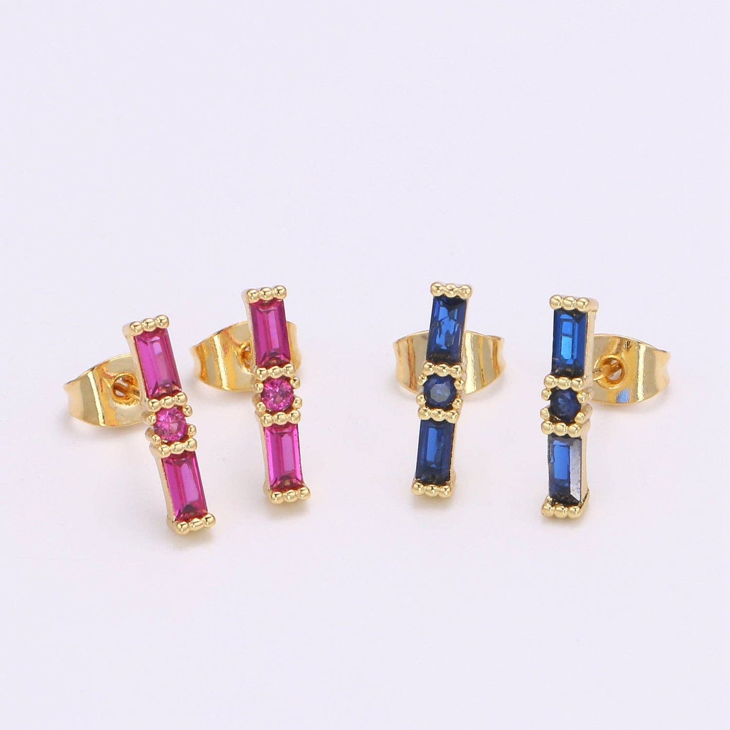 24K Gold Filled Blue / Fuchsia Baguette CZ Stud Earrings | Q498 Q499