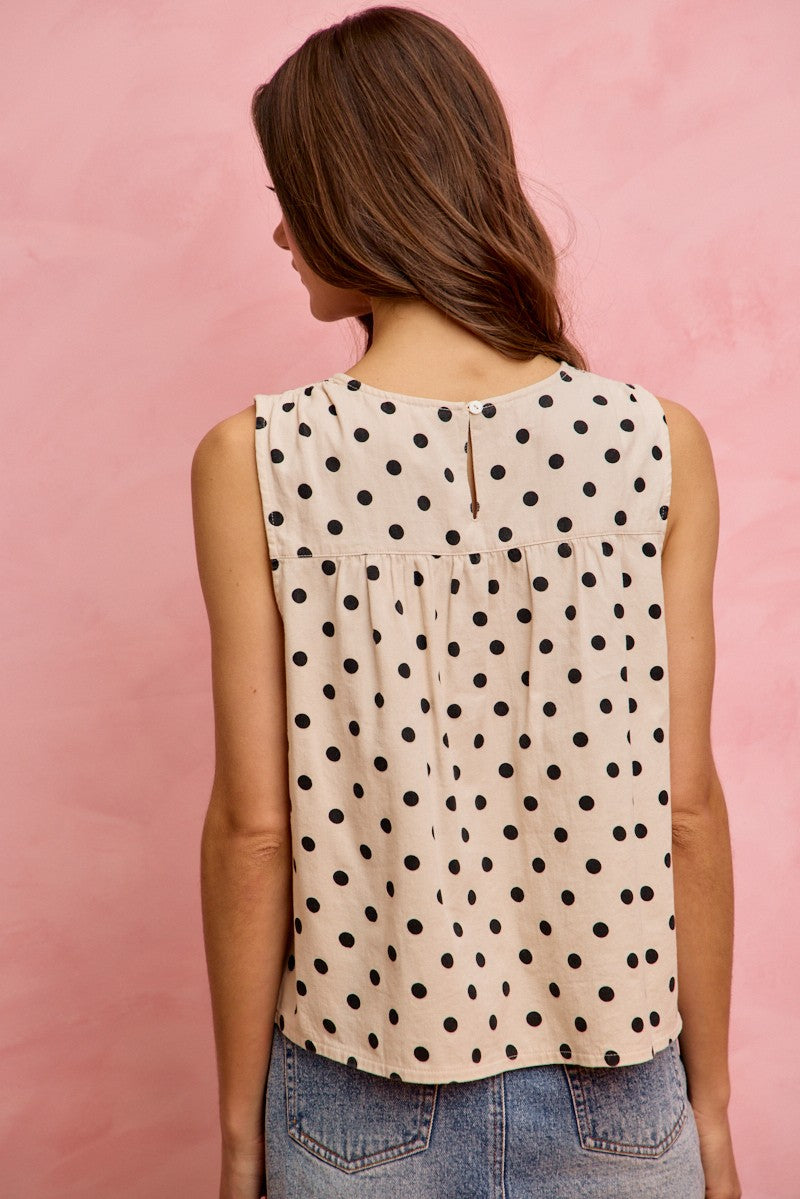 Polka Dot Cotton Twill Wash Shirred Tank Top