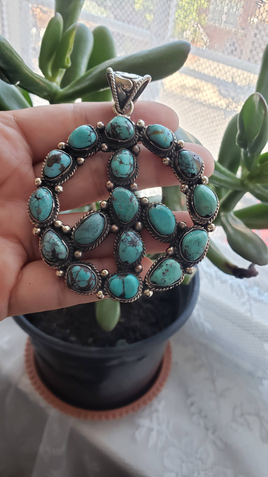 Natural Turquoise Peace  Pendant, Tibetan Repousse Silver