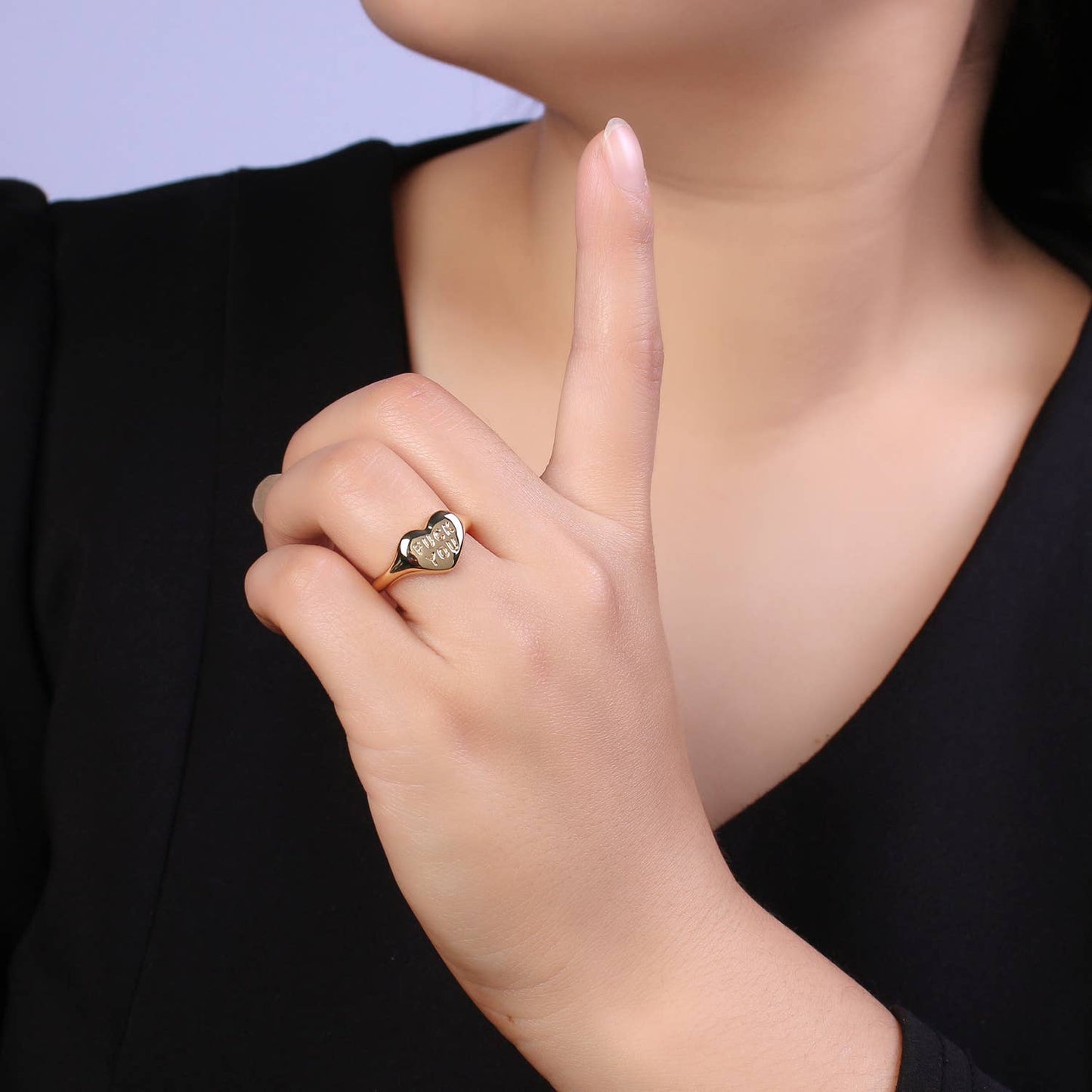 Dainty "Fuck You" Gold Heart Stackable Signet Ring