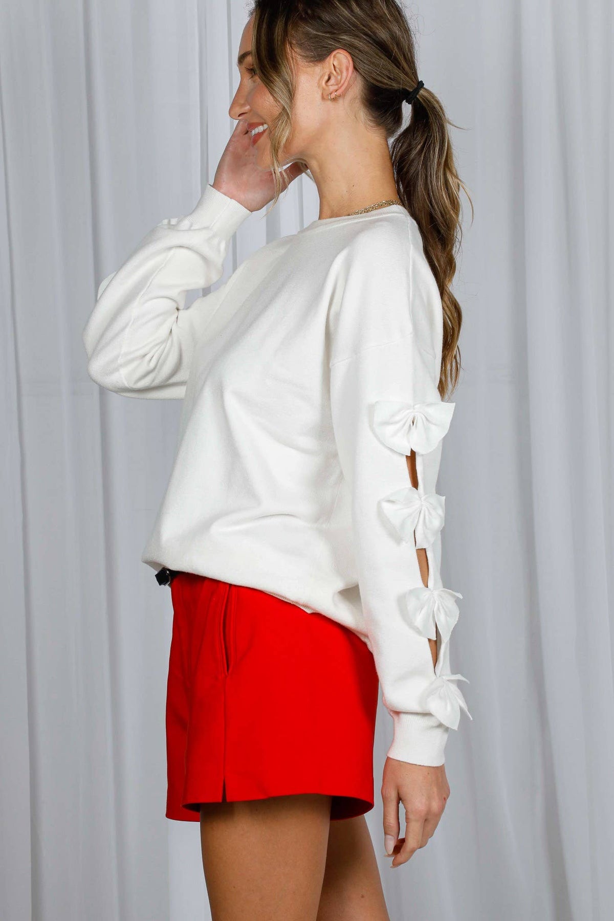 Bow Embellished Crew Neck Long-Sleeve Knit Sweater VT82605
