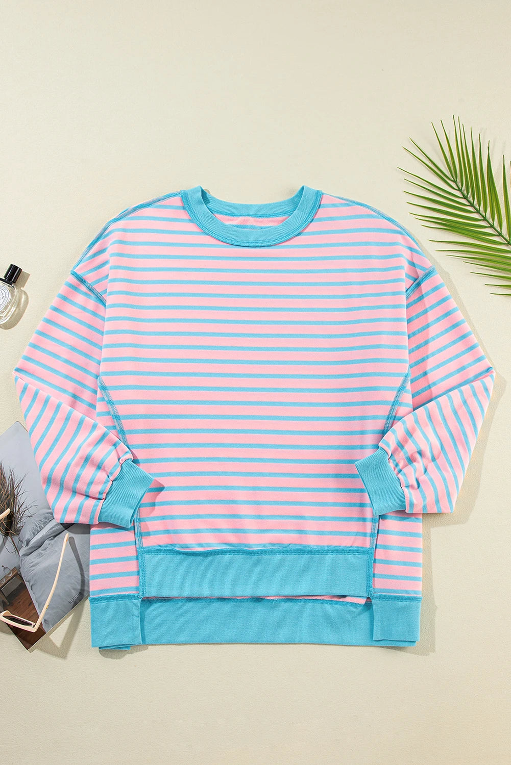 Stripe Contrast Trim High Low Tunic Sweatshirt