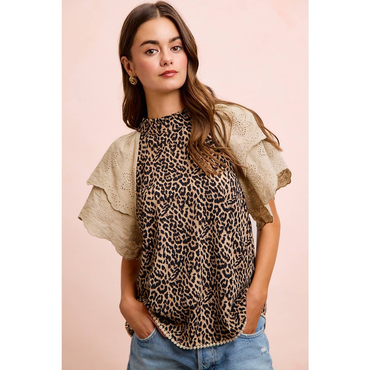 TEXTURED LEOPARD PRINTED LACE SLEEVE BLOUSE TOP