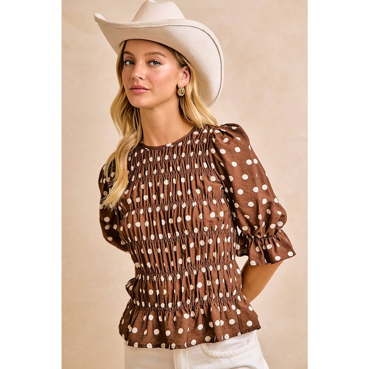 POLKA DOT PRINTED WOVEN SHIRRED BODY TOP