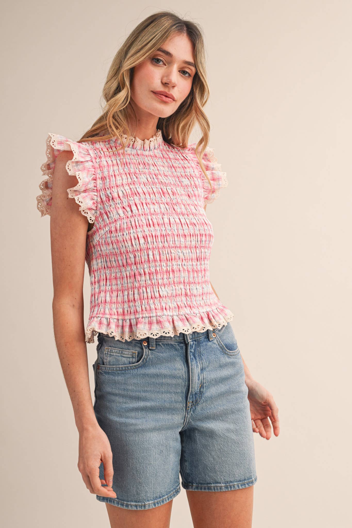 PLAID SMOCKED LACE TRIM TOP
