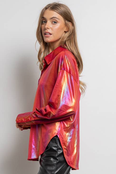 Rainbow Button Up Long Sleeve Blouse Shirt