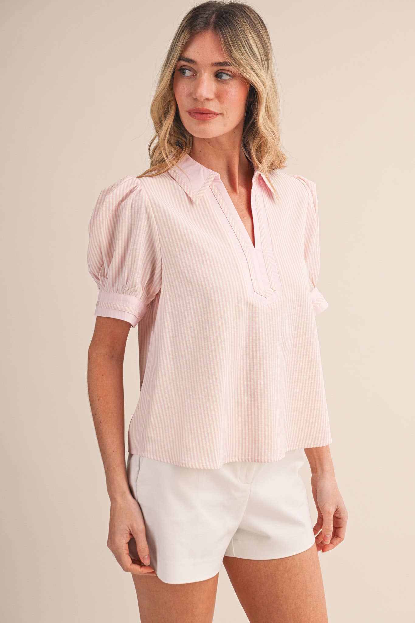 STRIPED CONTRAST BINDING COLLARED TOP MTP4840
