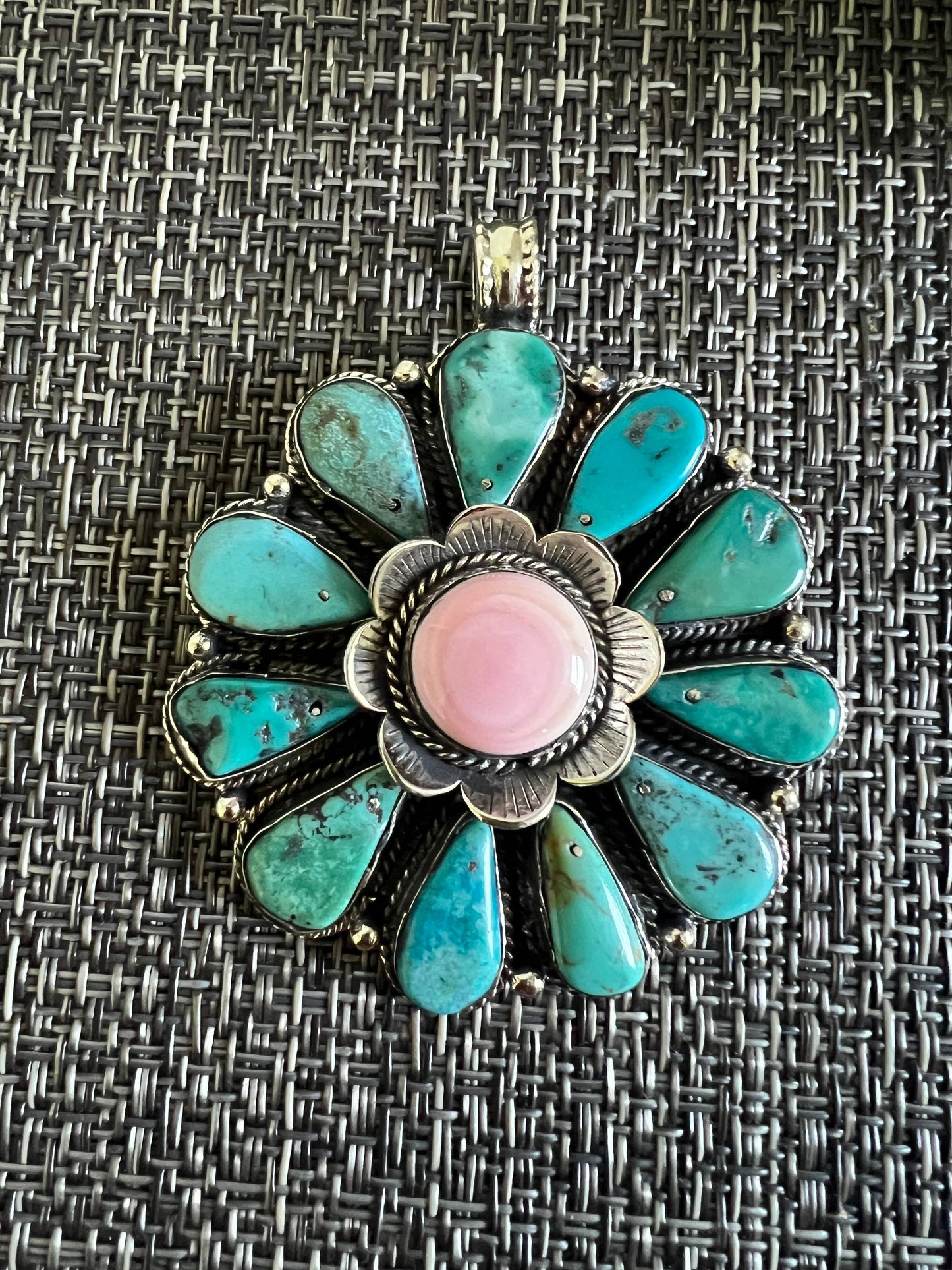 Natural Turquoise set with pink conch shell pendant