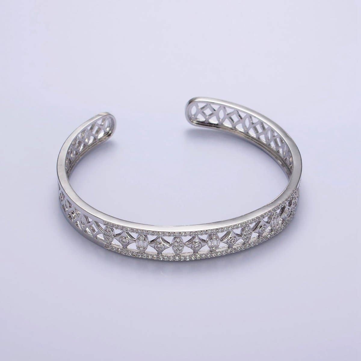 14K Gold Filled Spade Marquise Lined Micro Paved CZ Open Cuff Bangle Bracelet in Gold & Silver | WA-1931 WA-1932 Clearance Pricing