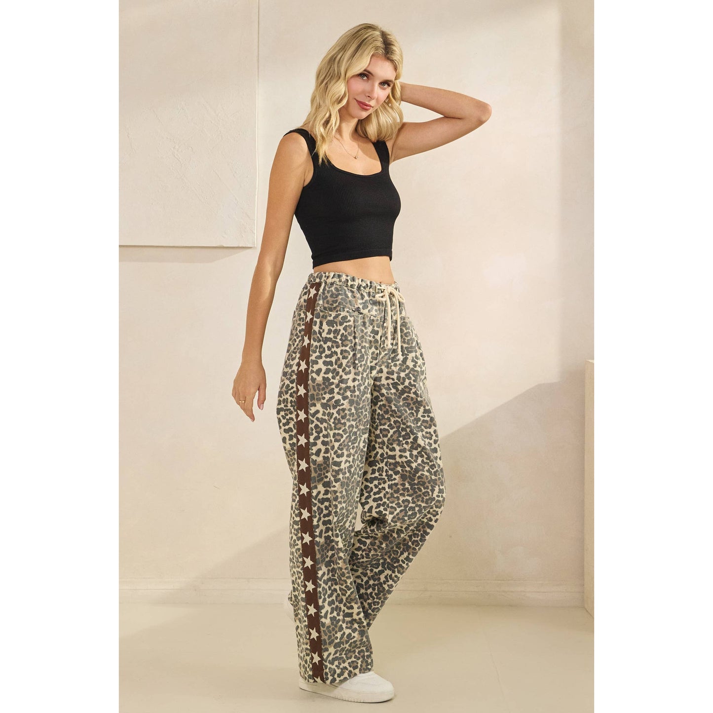 Leopard Printed Striped Wide Legged Pants