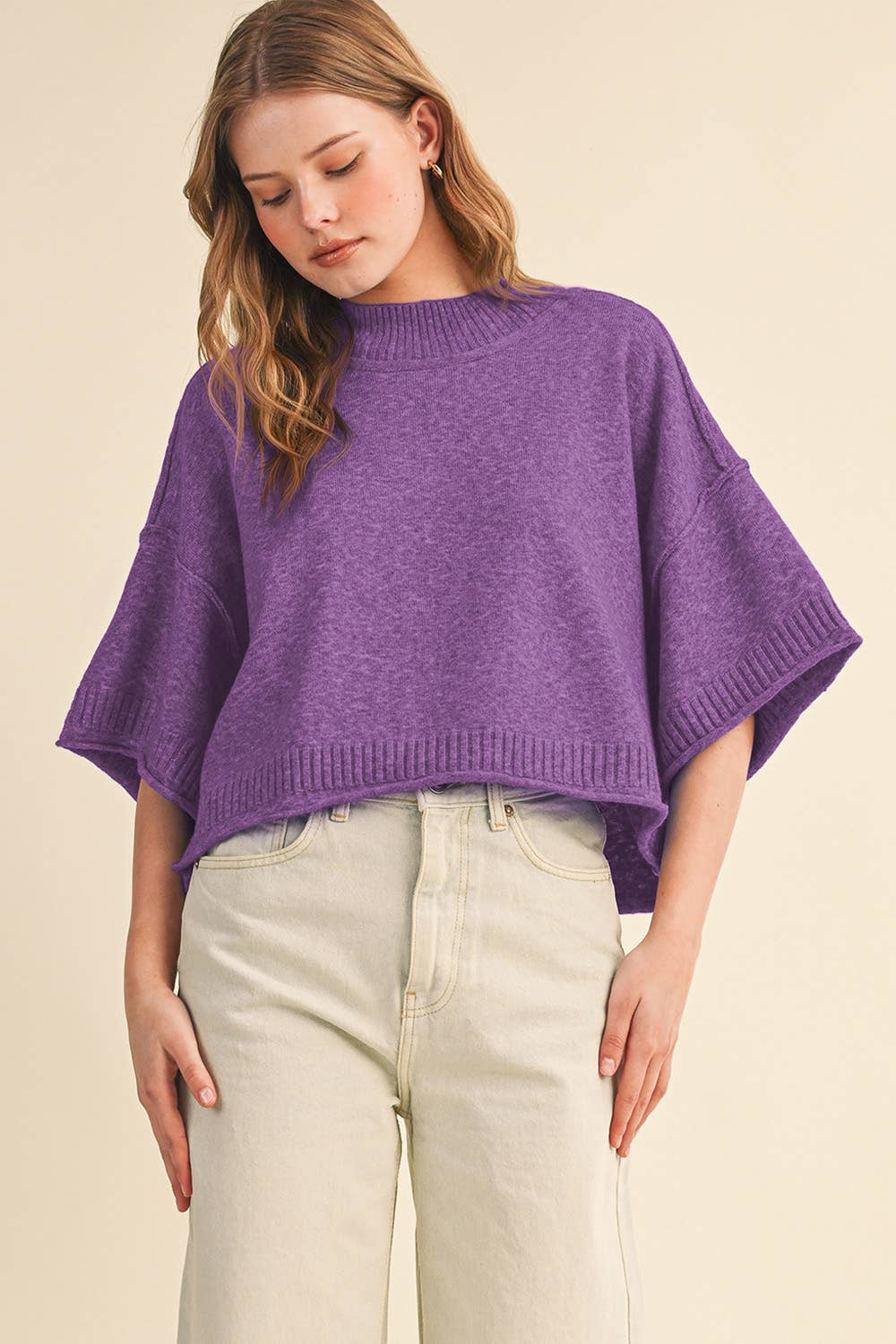 MARLED KNIT MOCK NECK SHORT SLEEVE SWEATER