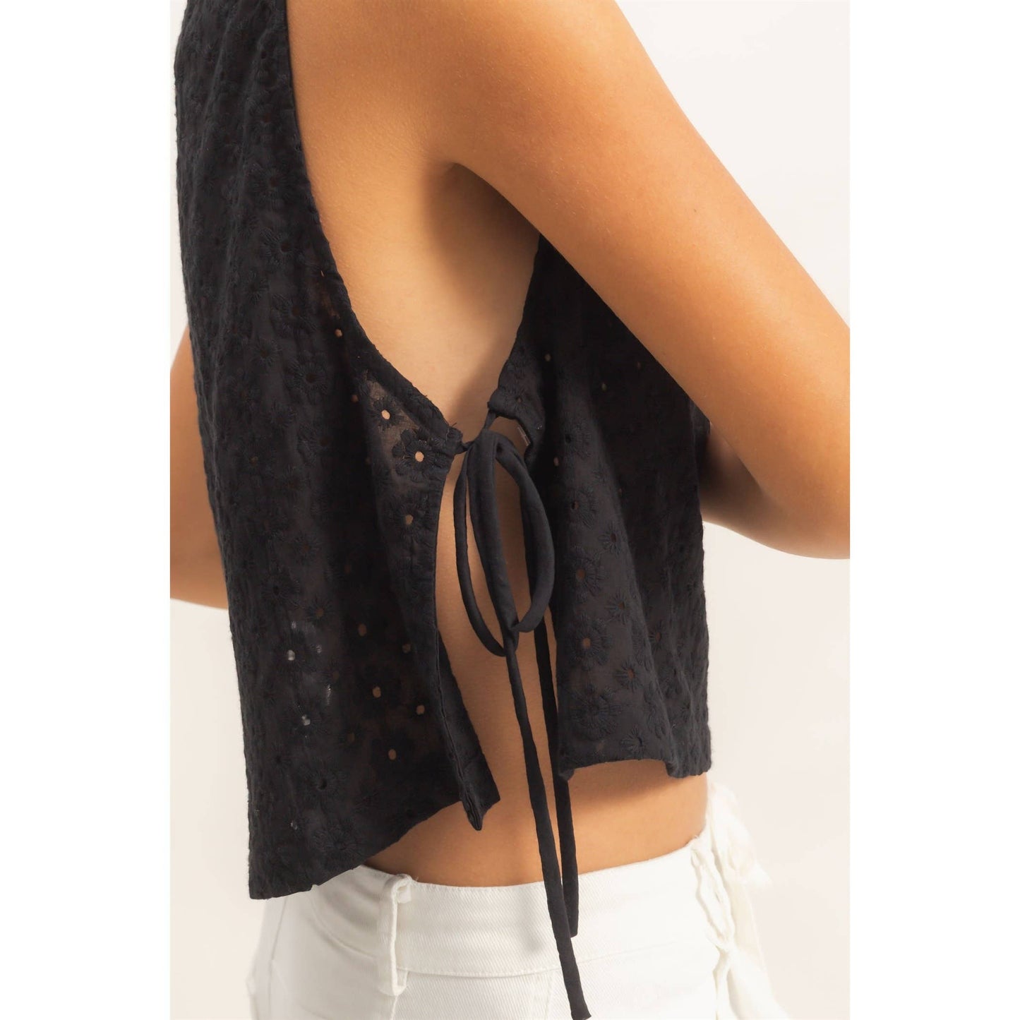 Sleeveless Textured Eyelet Top With Side Straps
