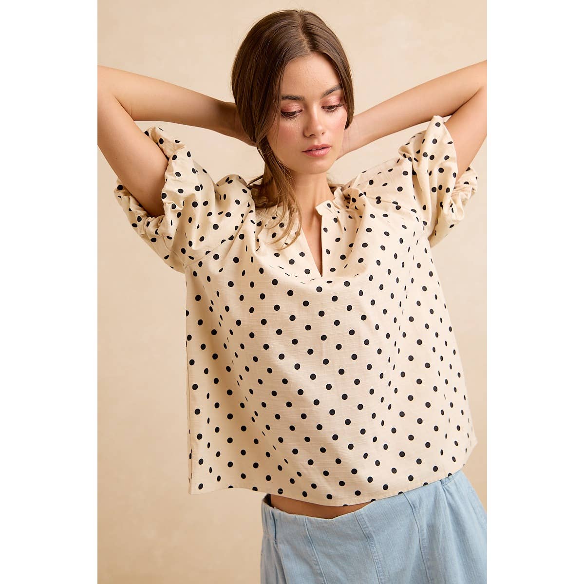 LINEN BLEND POLKA DOT PRINT BUBBLE SLEEVE BLOUSE TOP