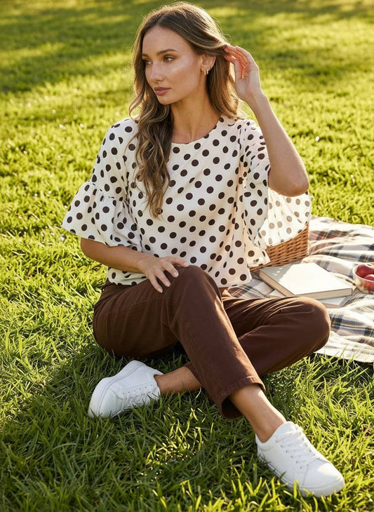 Polka Dot Wild Ruffle Sleeve Flowy Blouse Top VT83104D