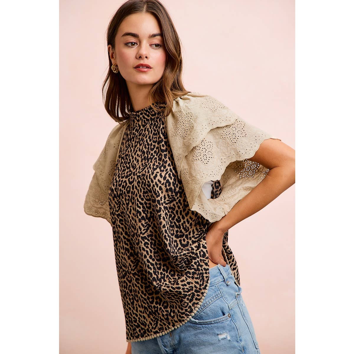 TEXTURED LEOPARD PRINTED LACE SLEEVE BLOUSE TOP