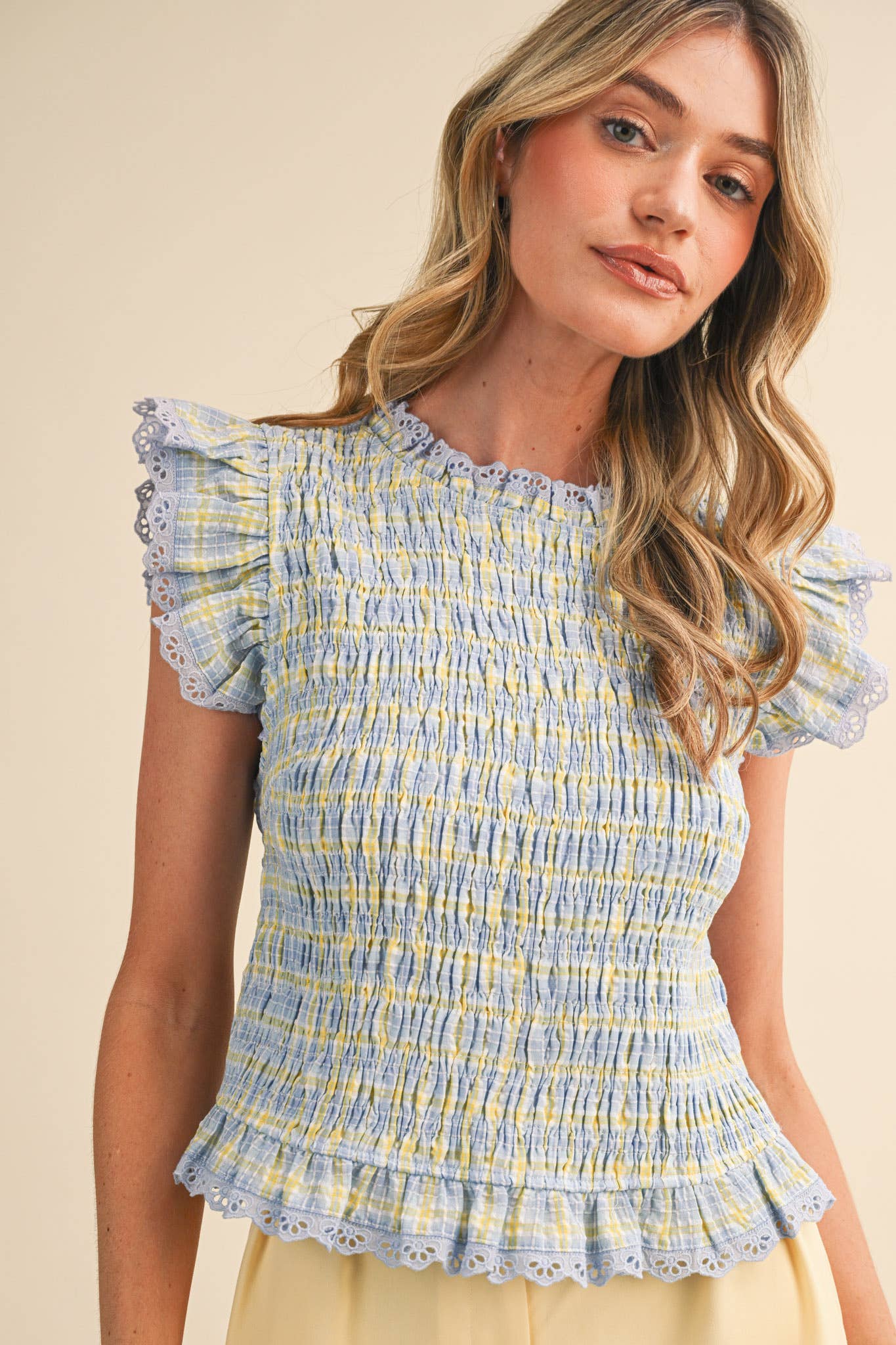 PLAID SMOCKED LACE TRIM TOP