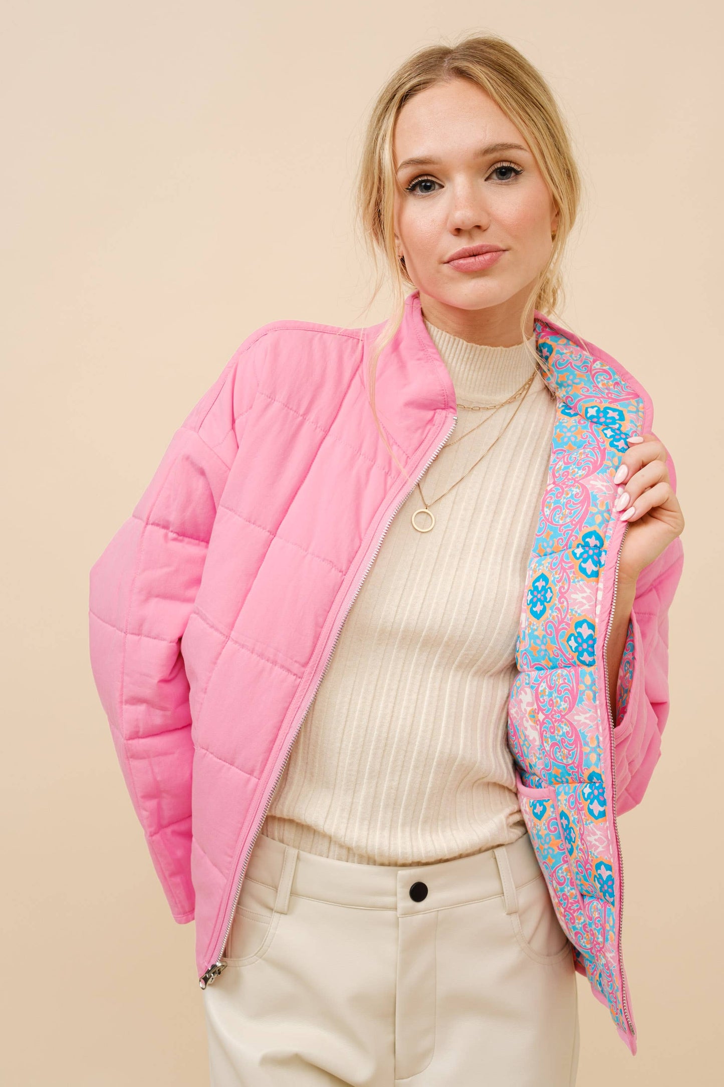 Rayon Challis Floral Reversible Quilted Jacket