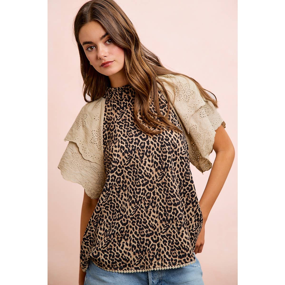 TEXTURED LEOPARD PRINTED LACE SLEEVE BLOUSE TOP