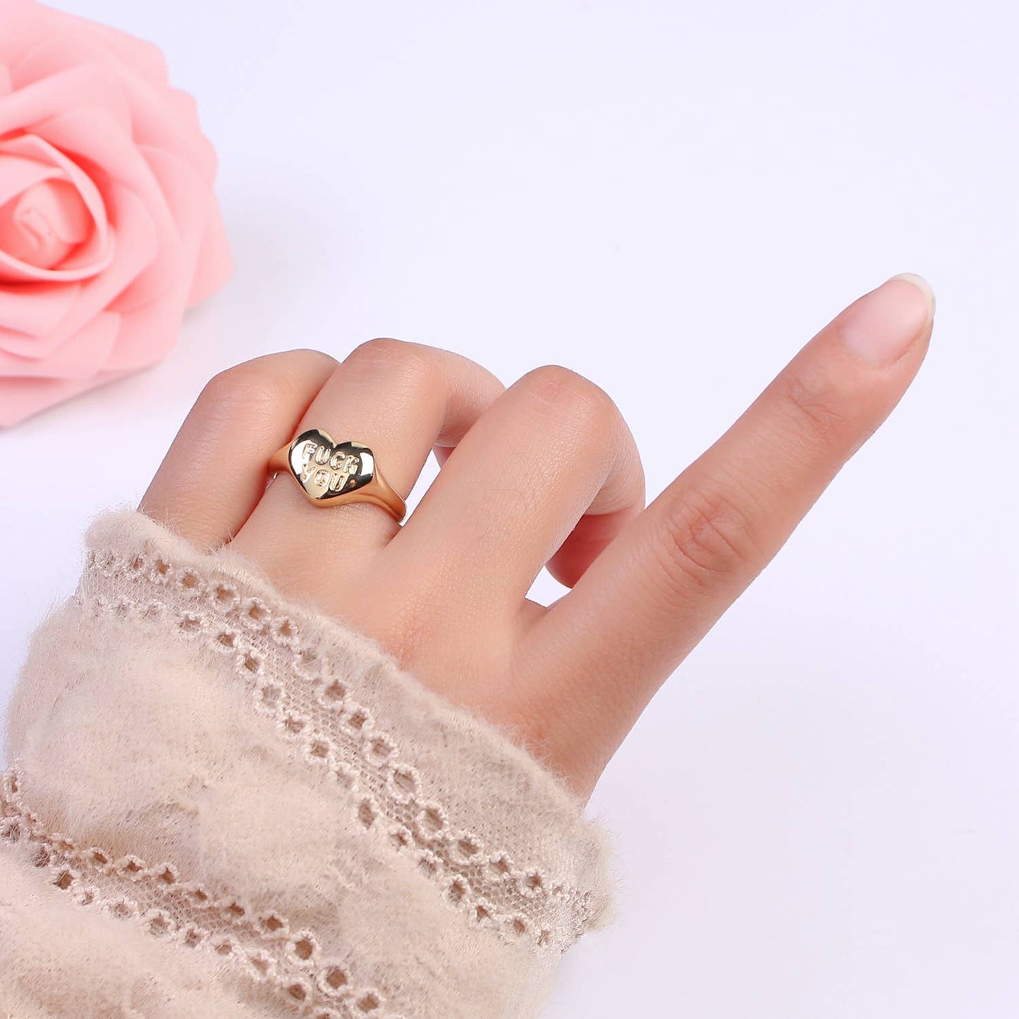 Dainty "Fuck You" Gold Heart Stackable Signet Ring