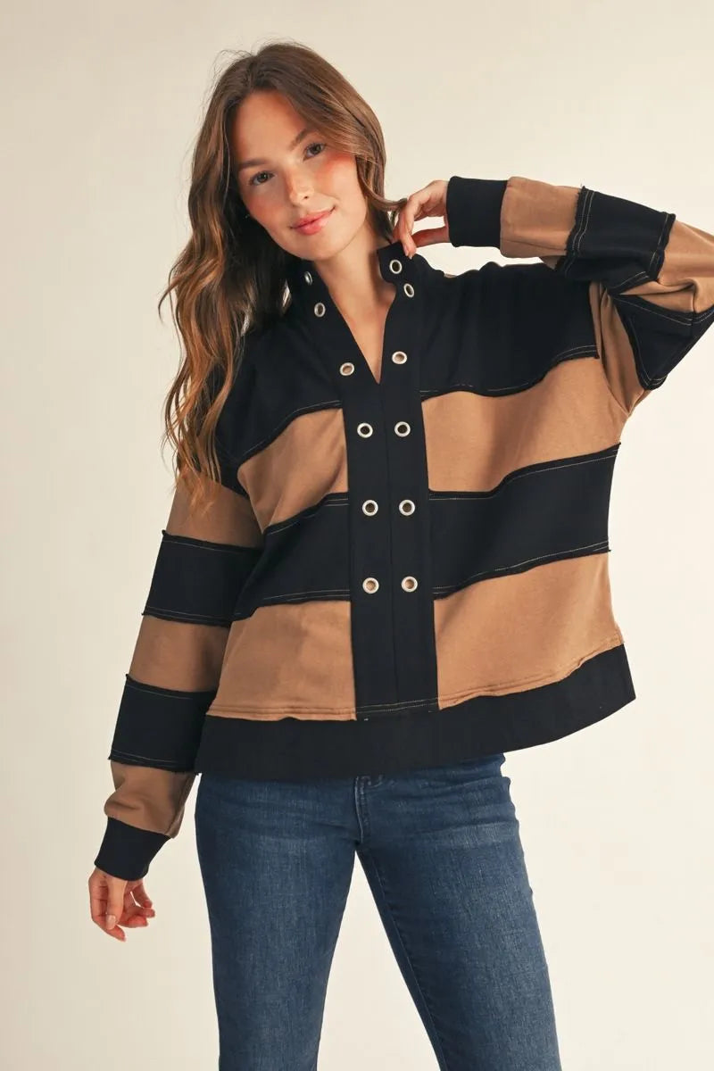 Color block raw cut long sleeve top
