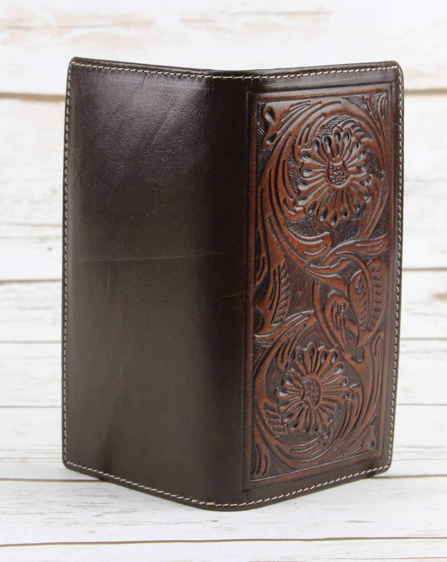 Tooled Leather Men's Long Wallet In Brown AB W05 Brown