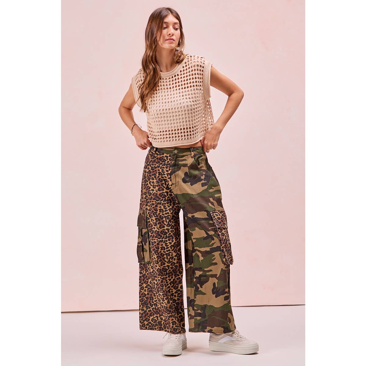 LEOPARD AND CAMOUFLAGE MIXED CARGO POCKETS PANTS