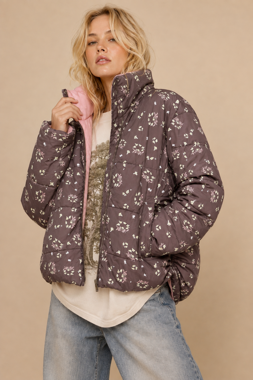 Bow Print Puffer Zipper Jacket