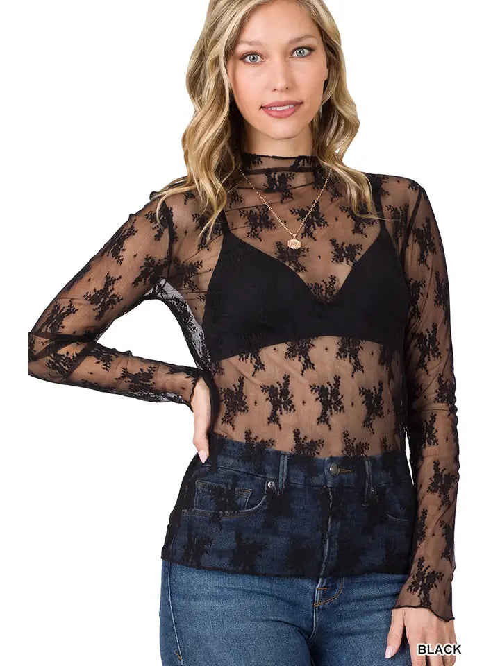 High Neck Sheer Lace Knit Top *3COLORS