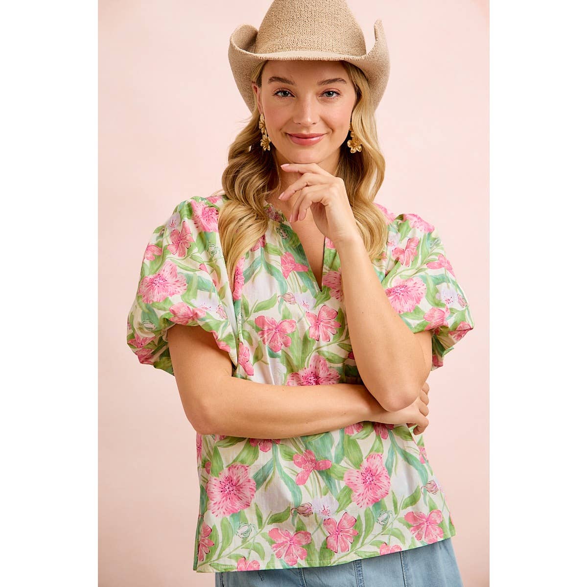 FLOWER PRINTED WOVEN RUFFLED V NECK TOP