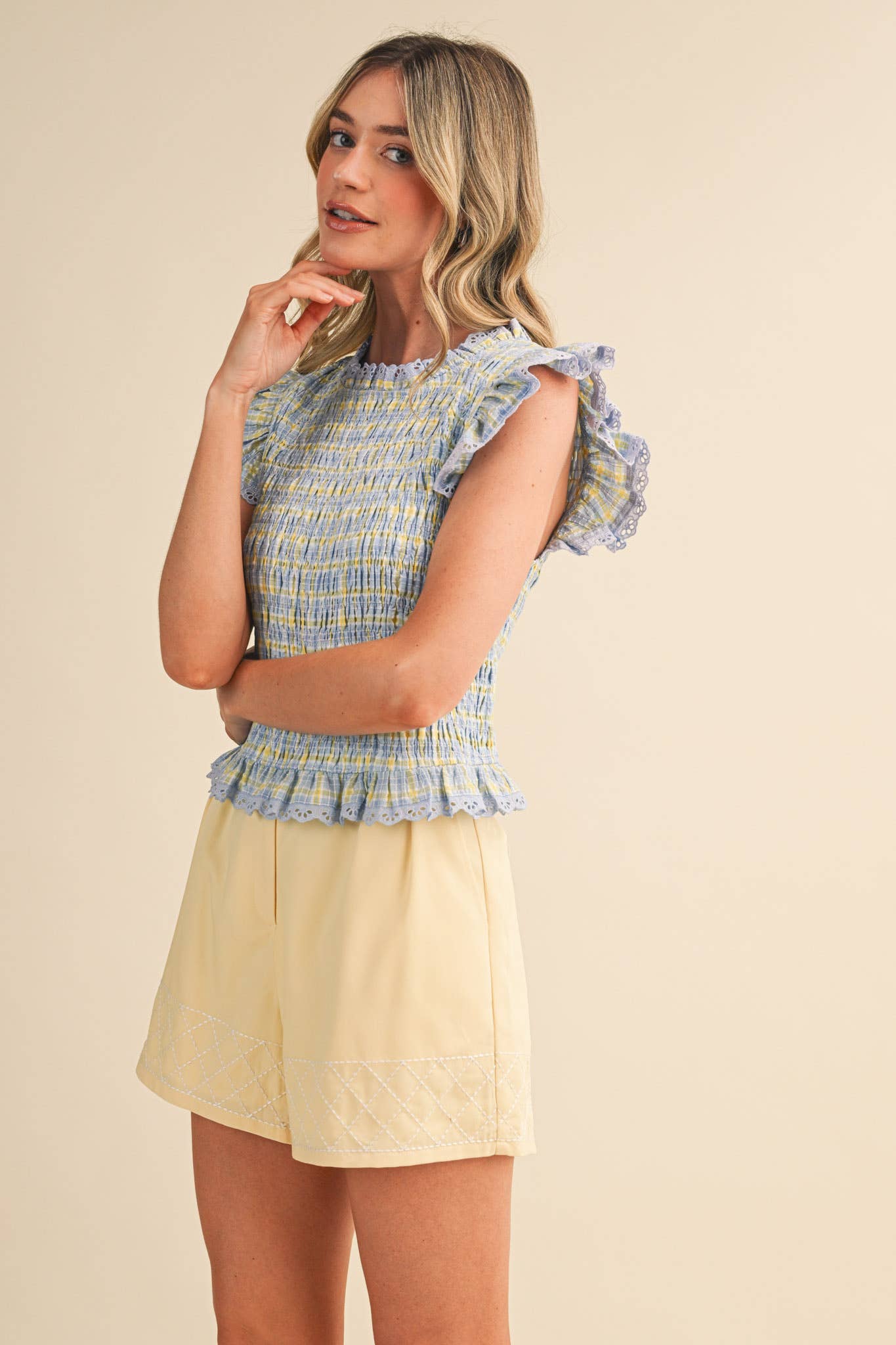 PLAID SMOCKED LACE TRIM TOP
