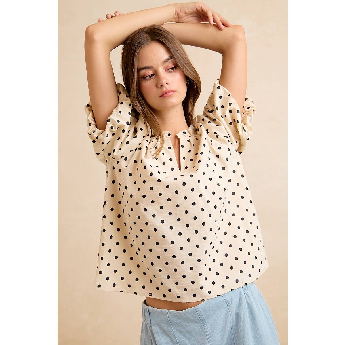 LINEN BLEND POLKA DOT PRINT BUBBLE SLEEVE BLOUSE TOP