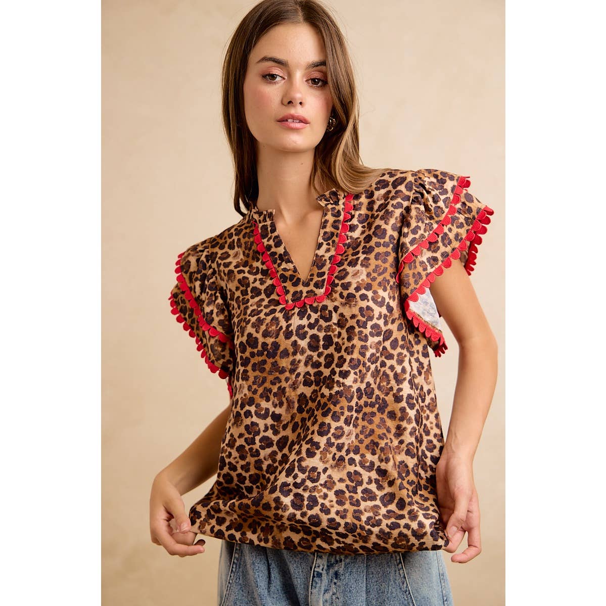 LEOPARD PRINTED WOVEN RIC RAC TRIM V NECK TOP