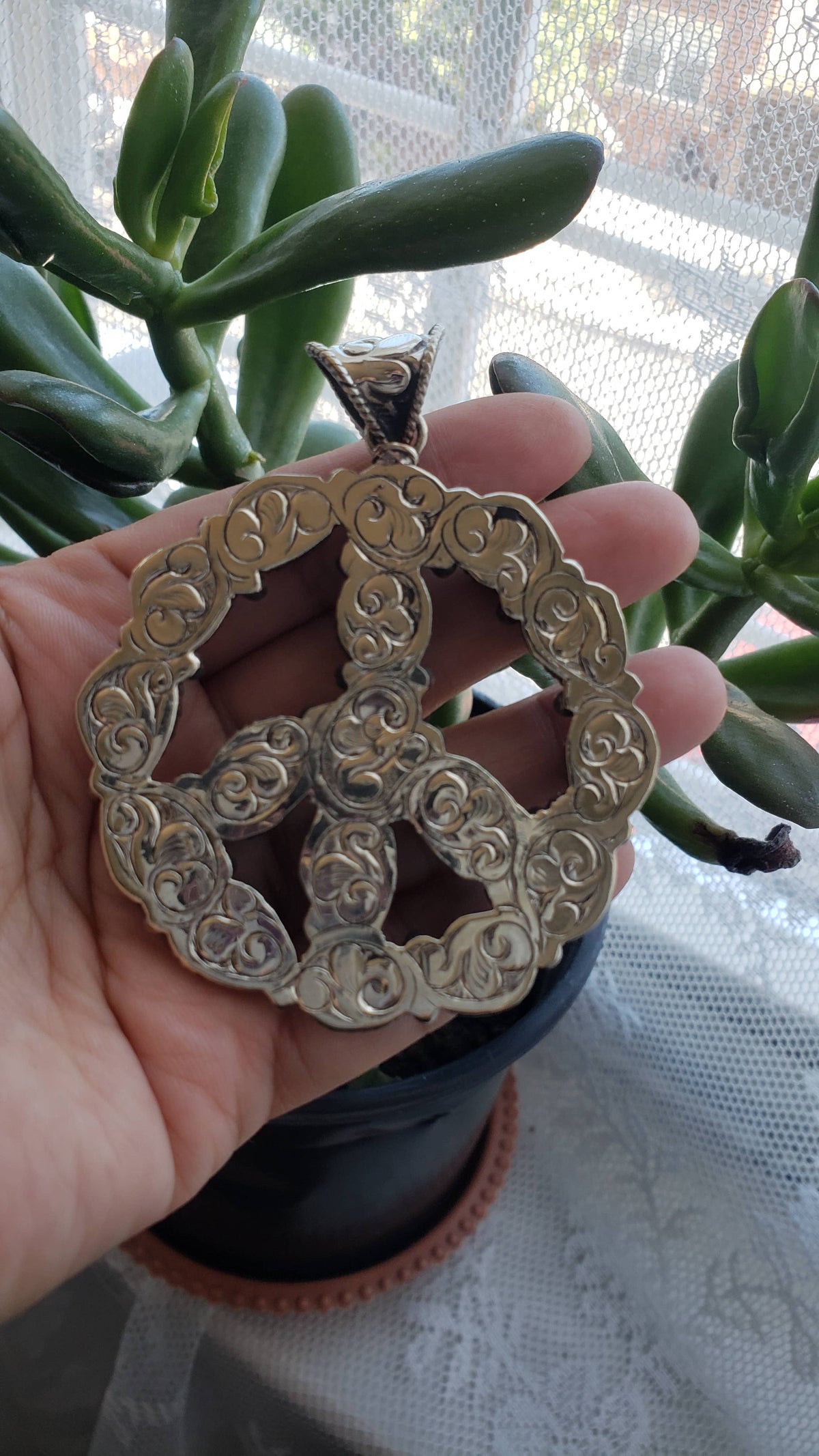 Natural Turquoise Peace  Pendant, Tibetan Repousse Silver