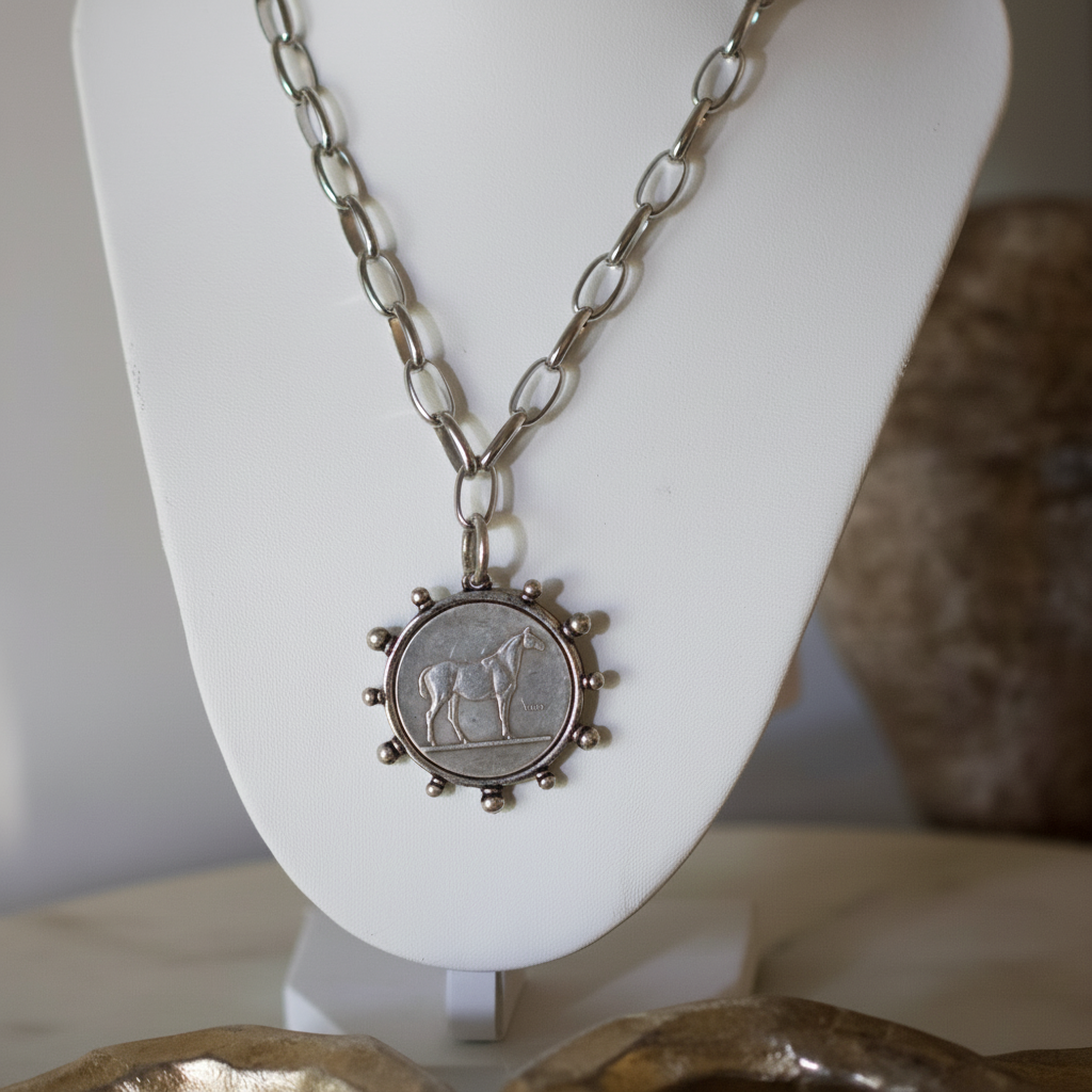 Silver Heritage Horse Coin Necklace - Stainless Steel, 18" Chain | Deep South Originals