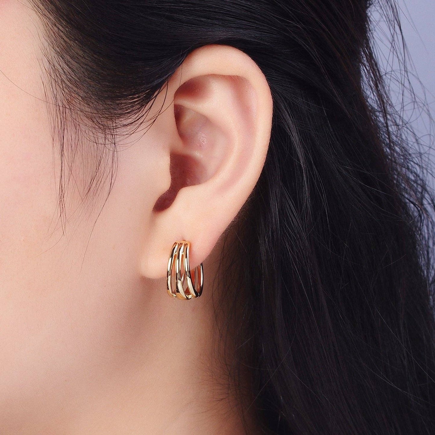 Minimalist Triple Bar Gold Huggie Hoop Geometric Earrings | Y009