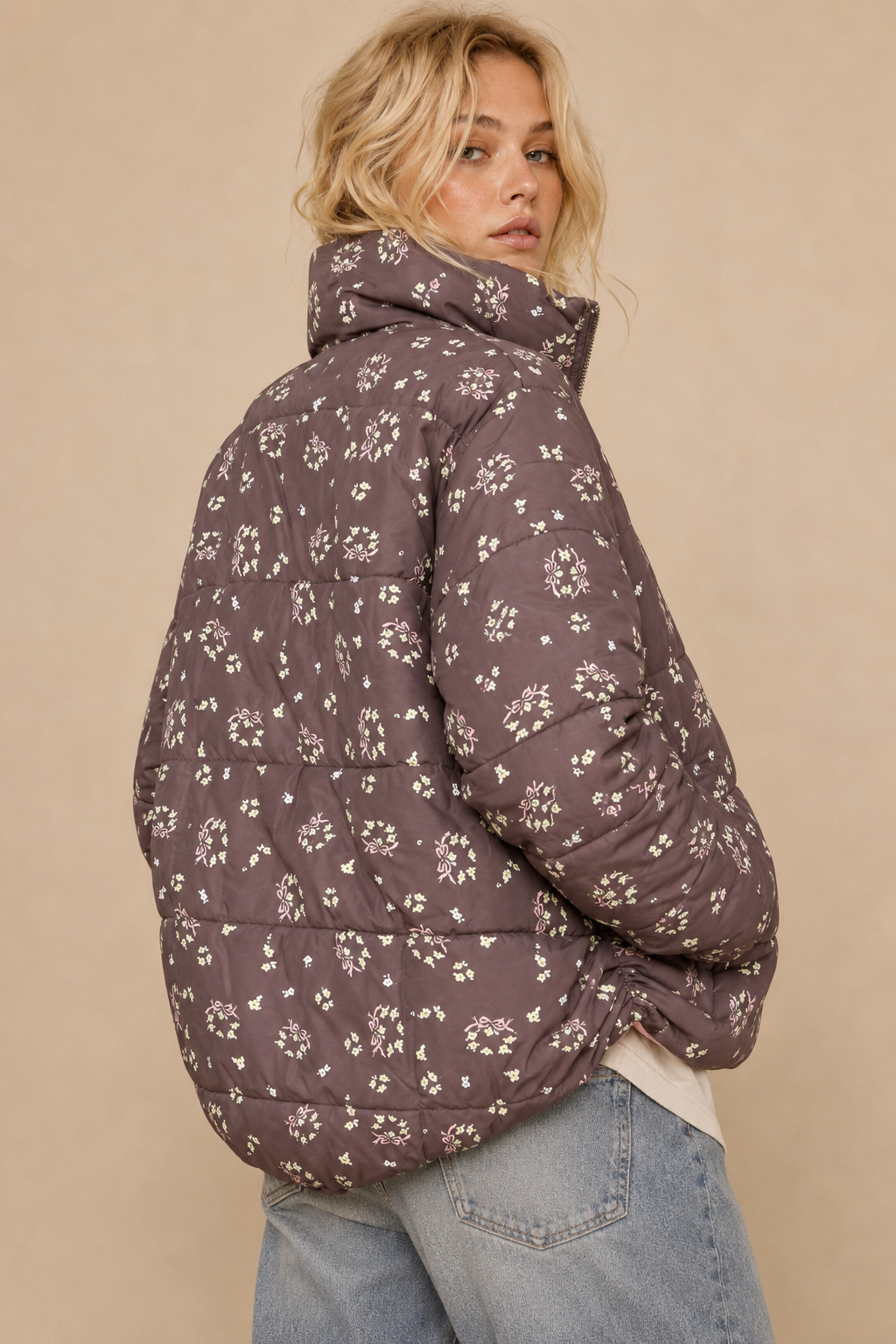 Bow Print Puffer Zipper Jacket