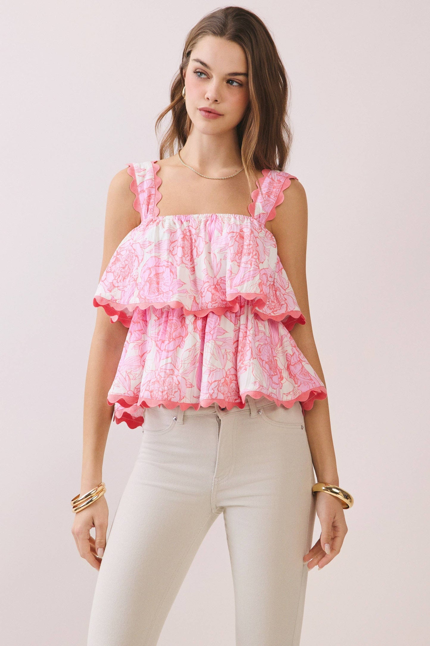 Floral Scalloped Trim Tiered Ruffle Strap Top