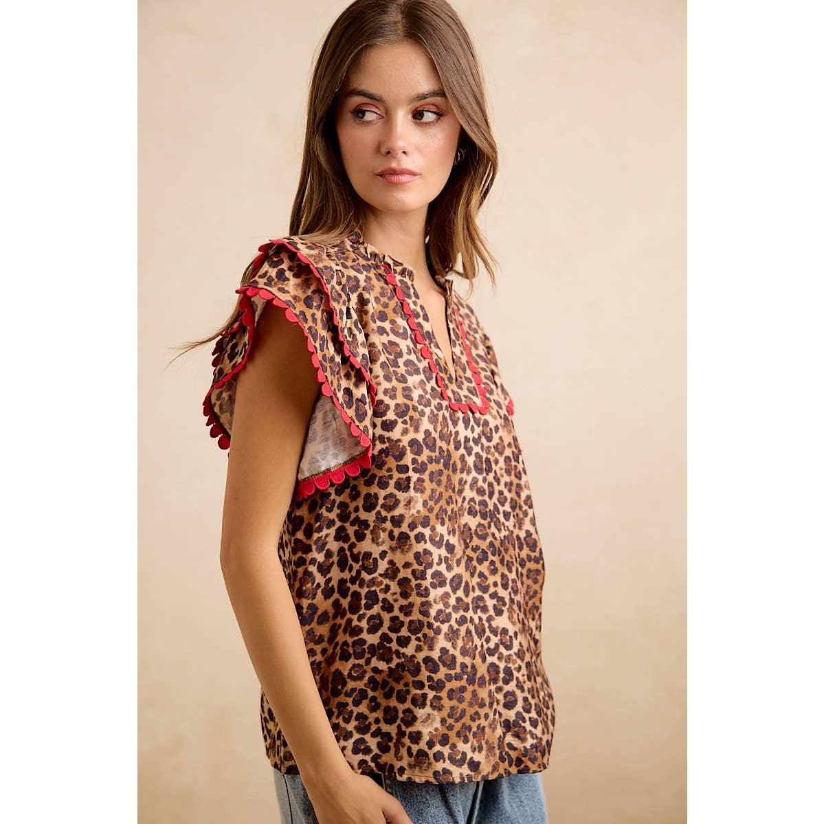 LEOPARD PRINTED WOVEN RIC RAC TRIM V NECK TOP
